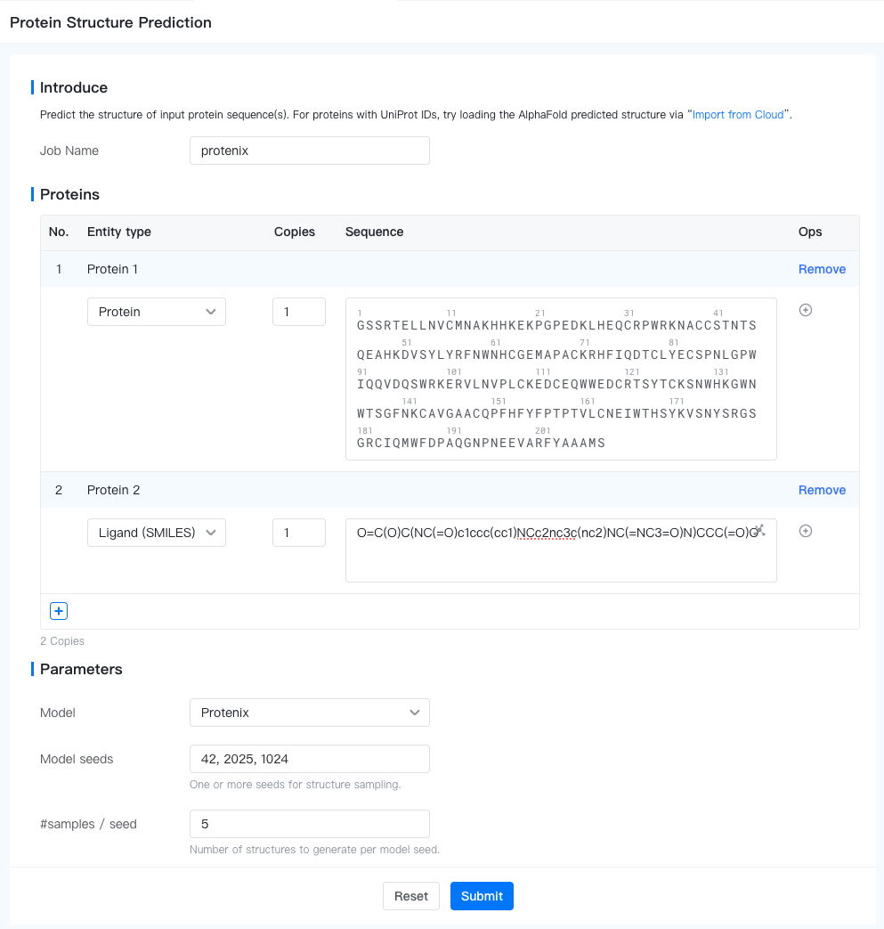 Job submission form: Protein structure prediction (Protenix)